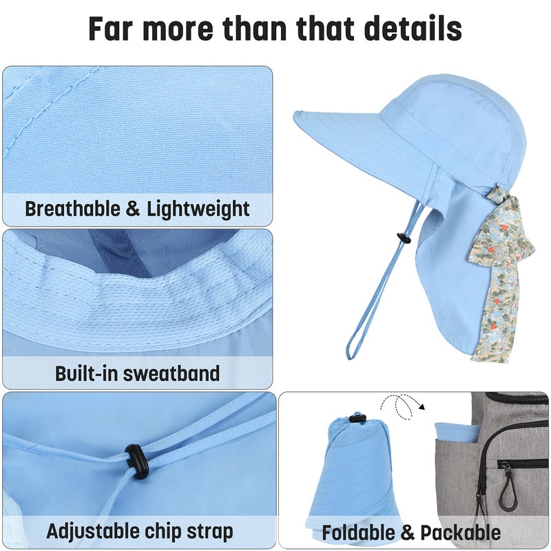 Solaris UPF 50+ Women's Wide Brim Sun Hat â€“ Lightweight Foldable with Detachable Scarf & Neck Cover, UV Protection for Hiking, Beach, Gardening Blue - Image 3